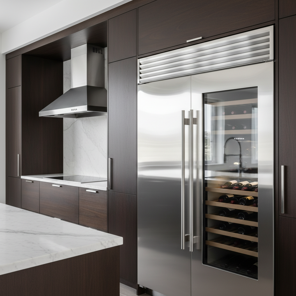 Modern high-end kitchen close-up with built-in refrigerator and wine cooler