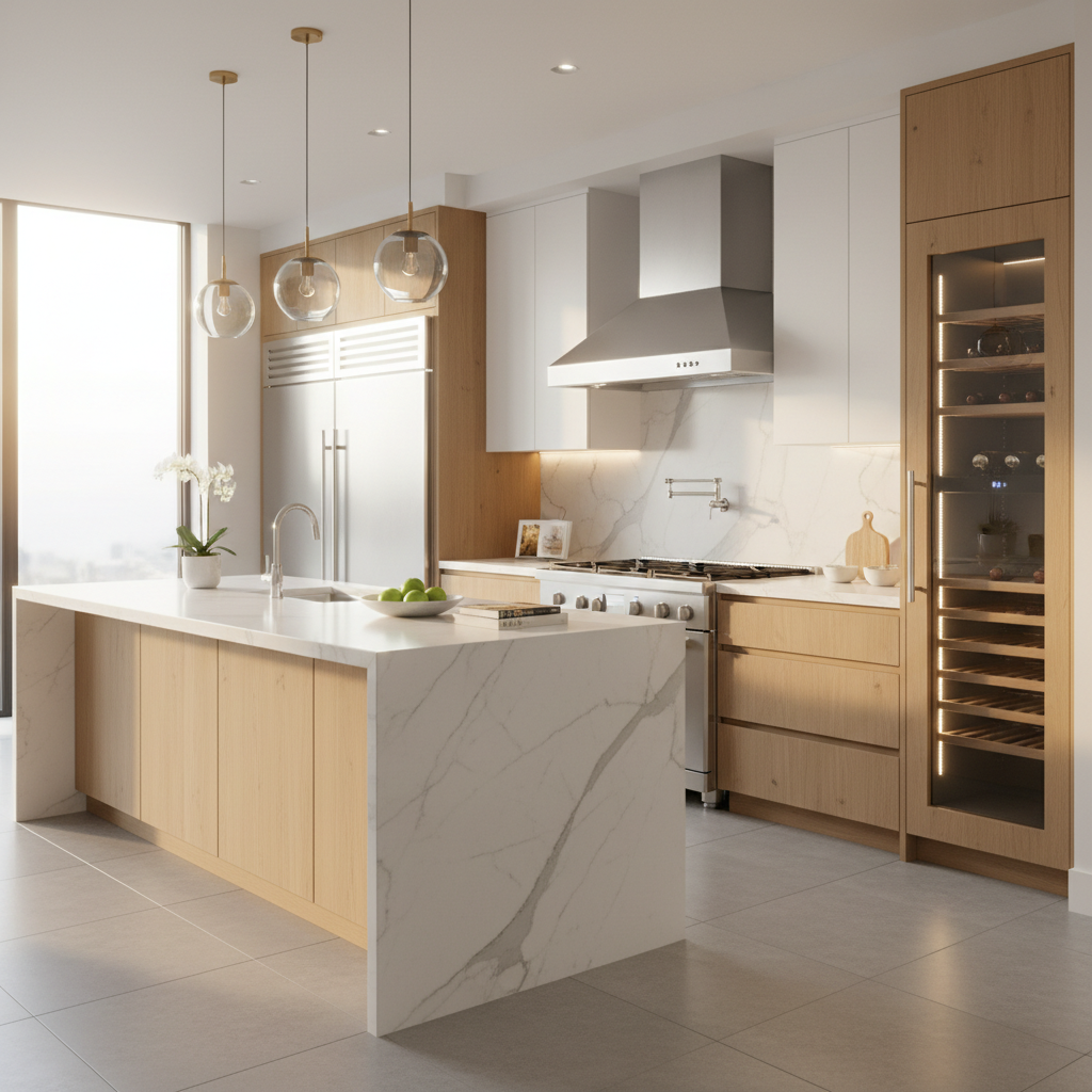 Luxury modern kitchen with stainless steel refrigerator and professional range