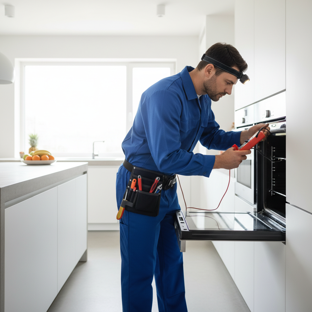 Appliance repair technician repairing a built-in oven in a bright modern kitchen